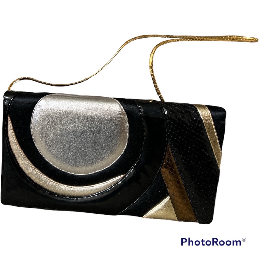 Vintage Judith Leiber evening envelope clutch shoulder bag black satin metallics